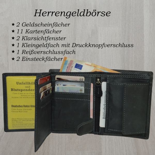 Hochwertige Geldbörse Geldbeutel Portemonnaie Büffel Leder Adler geprägt RFID Schutz Grau
